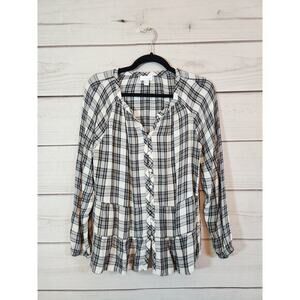 J.Jill Women's Black‎ White Plaid Tiered Flowy Button Up Boho Blouse M Petite